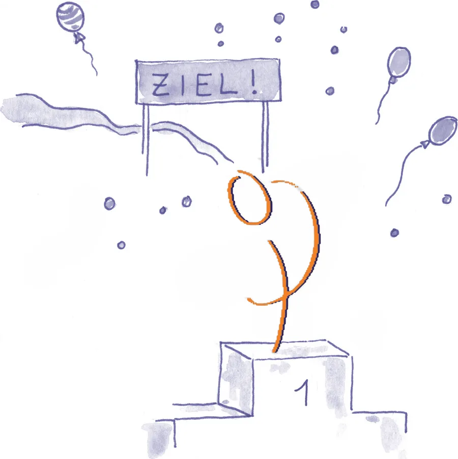 Zeichnung: Ein Zieli jubelt auf dem Siegerpodest unter dem Schild „Ziel!“, ringsum Luftballons.
